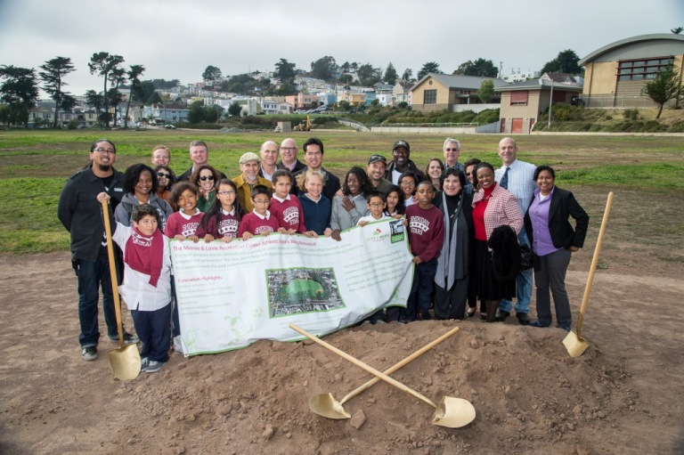 In October 2013, City Fields, Rec/Park, D11 Supervisor John Avalos joined park neighbors and community advocates in breaking ground on Minnie's sports field renovation.